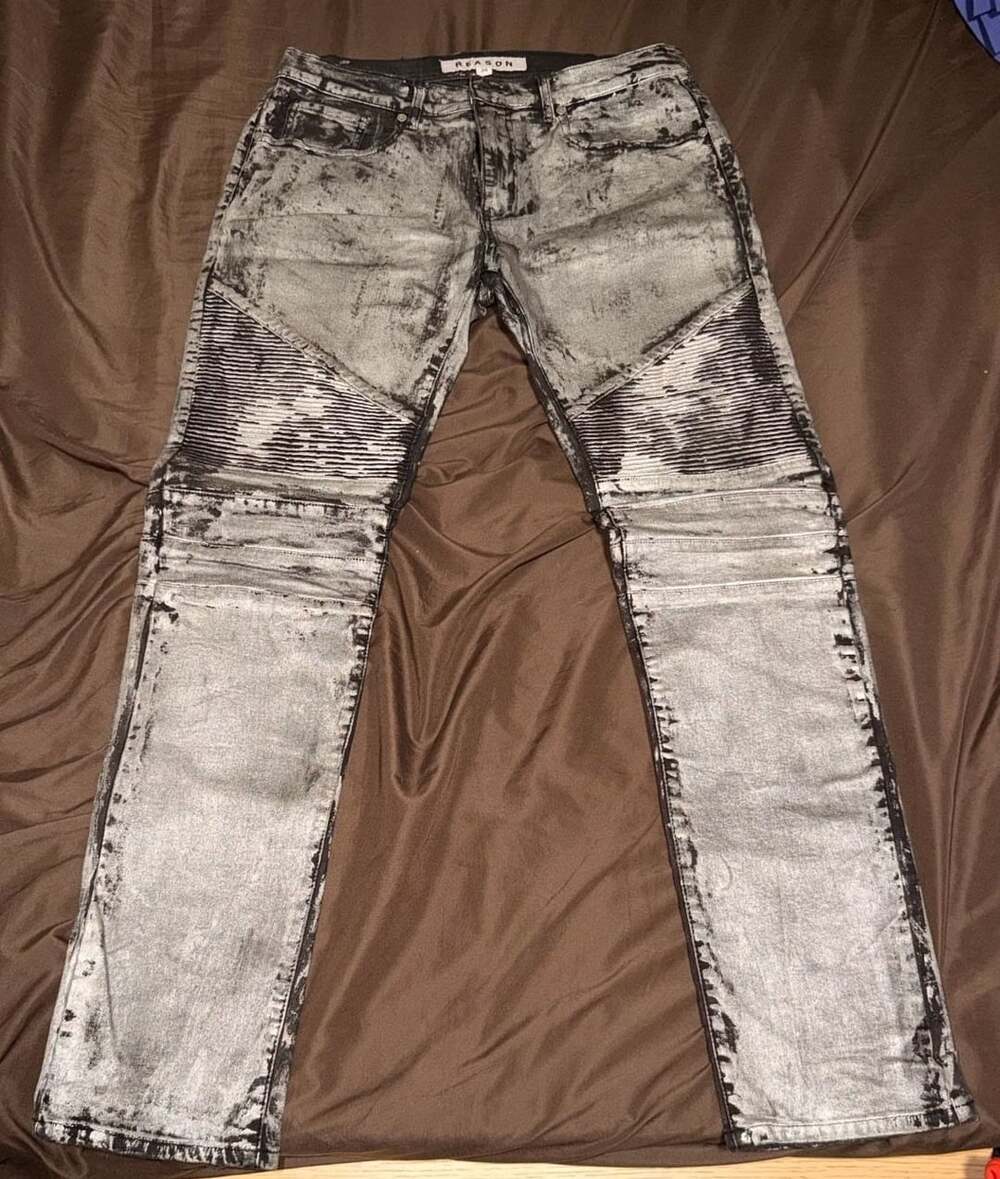Reason Clothing Black Pike Slim Fit Biker Denim Pants silver Faded Black